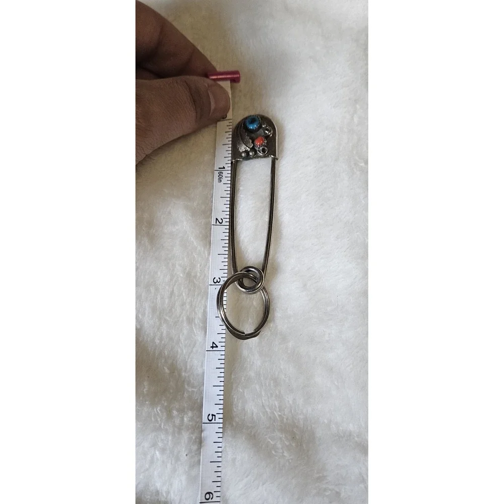 Vtg Large Safety Pin Keychain Coral And Turquoise Inlaid Stones 3